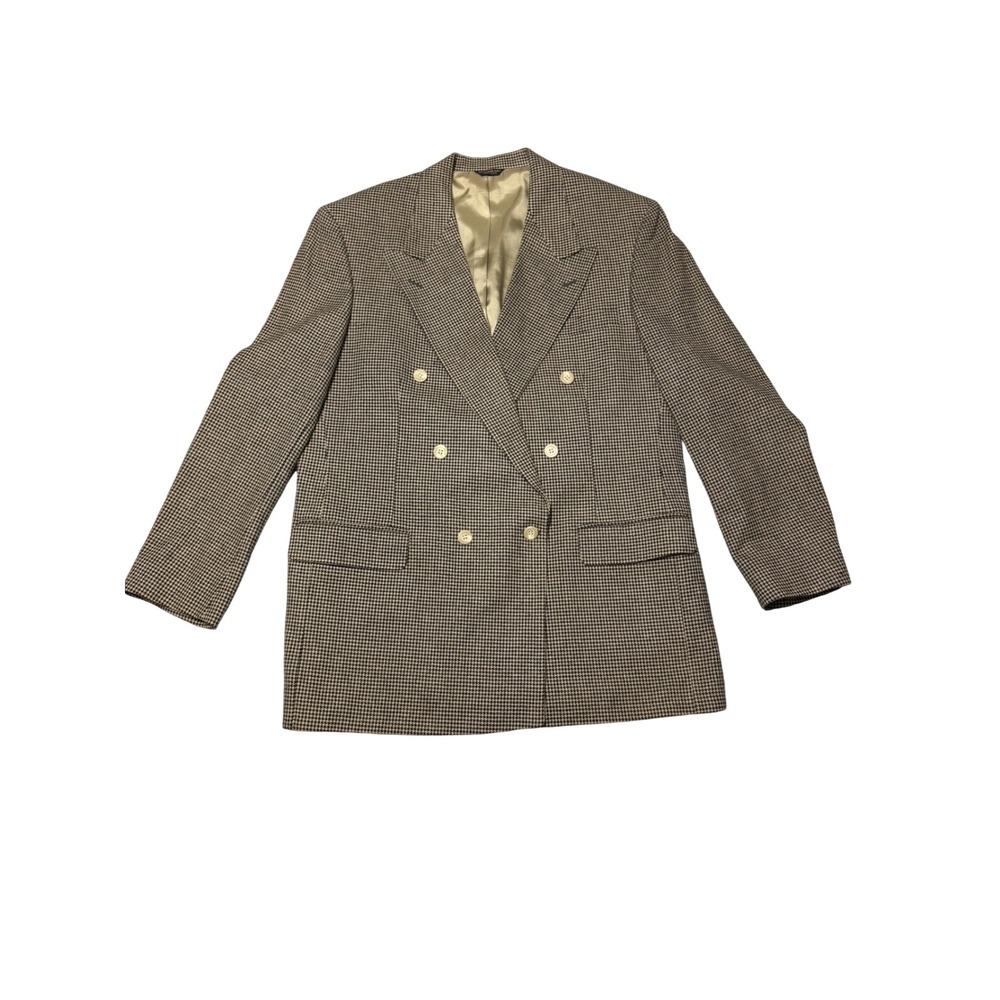 VTG Peterborough Row Mens Double Breasted Houndstooth Blazer Tan Blk Made in USA